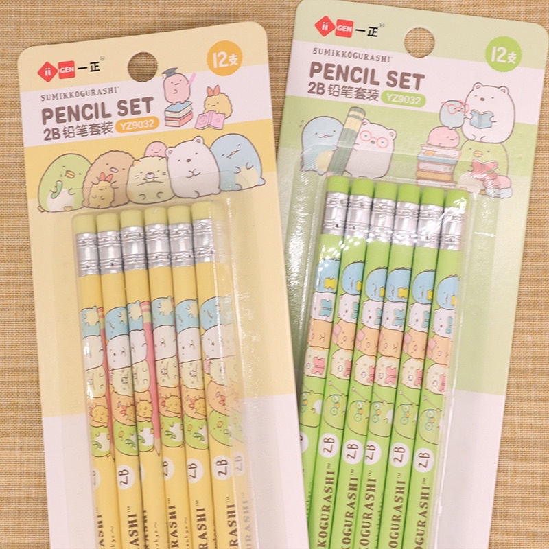 KENSHO Pensil Kayu Set 2B Sumikkogurashi Isi 12 Warna Pastel / Pencil Lucu Import