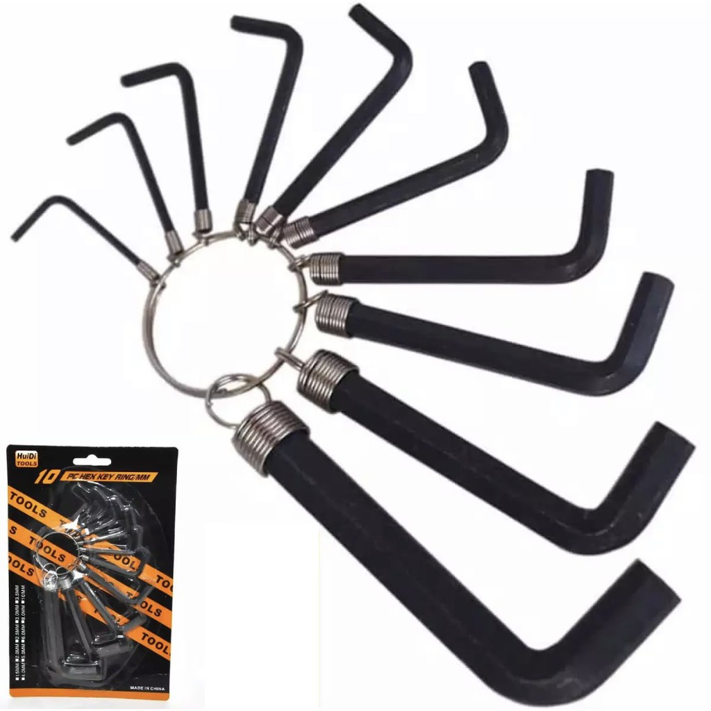 KUNCI L SET Isi 10 Pcs Hex Key Ring 10 in 1 Tools Gantungan Kunci Pendek Mrah Original