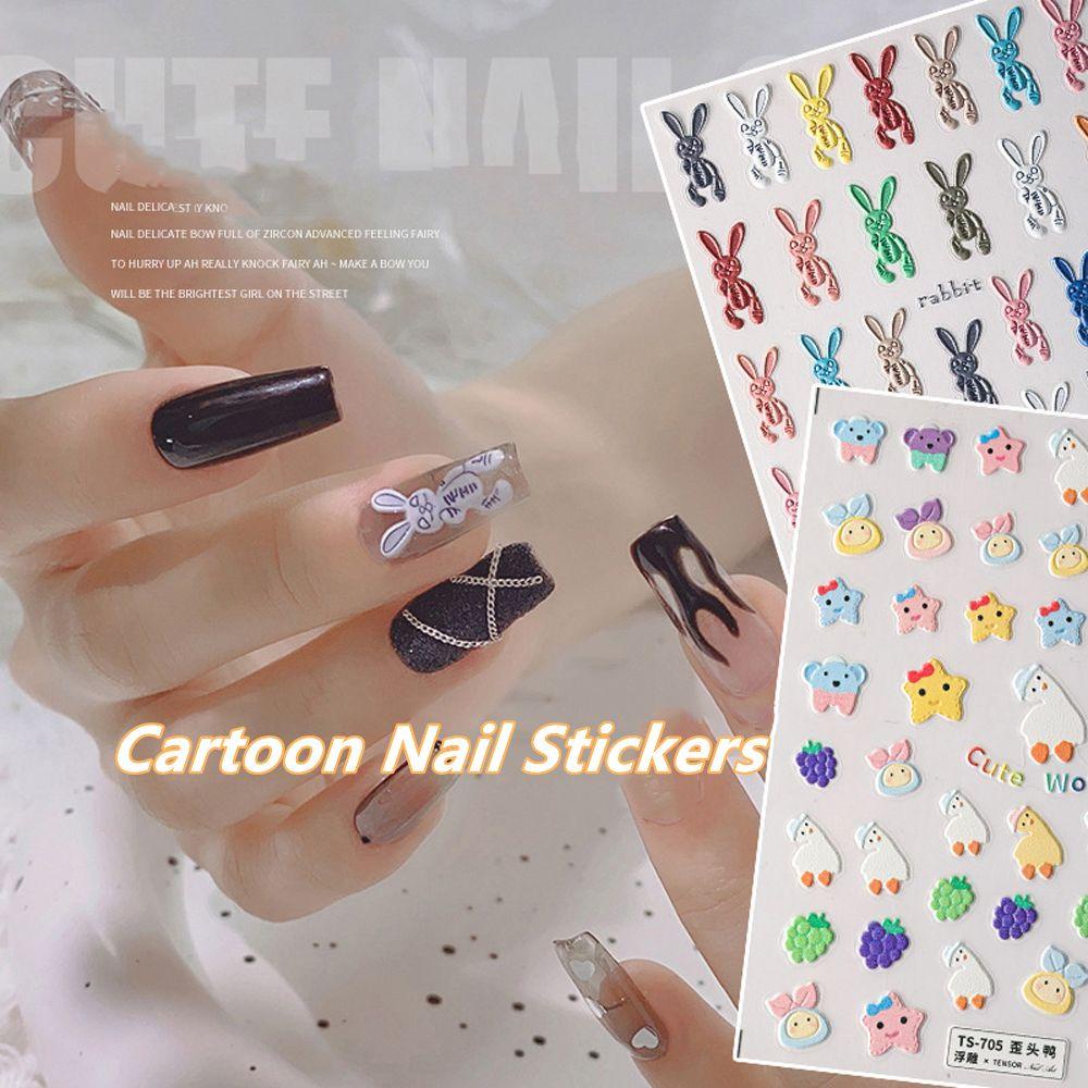 AUGUSTINA Agustin 5D Ukir Stiker Kuku Wanita Gadis Tiga Dimensi Self-Adhesive Kelinci Bengkok Bebek Nail Art Dekorasi