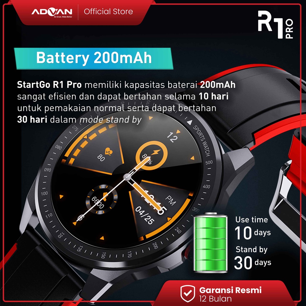 Advan Startgo Smartwatch R1 Pro 1.3 inci | Pemantauan SpO2 24 Jam | Blood Oxygen | 15 mode olahraga Garansi Resmi 12 Bulan - Black Red