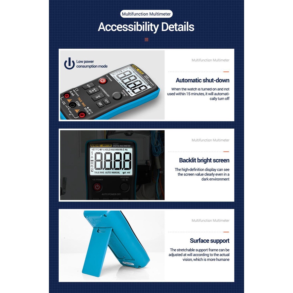 Solighter Digital Smart Multimeter ANENG AN113B Auto-Ranging Dengan Temperature Tester Digital Profesional Meter