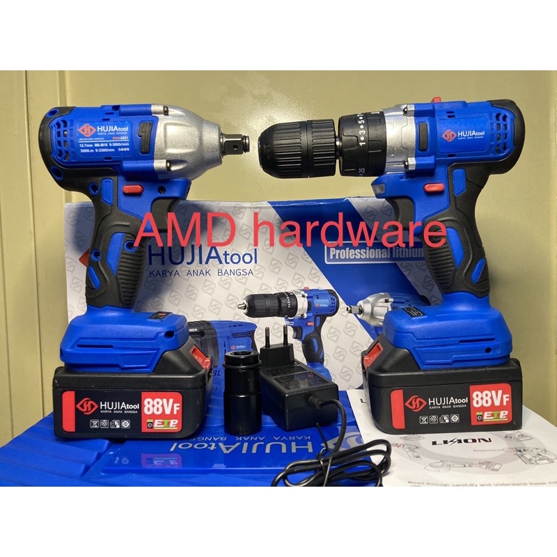 PAKET MESIN CORDLESS IMPACT WRENCH + BOR BETON TEMBOK 13MM BATERAI 88V HUJIA PRO 2021+2221 BRUSHLESS