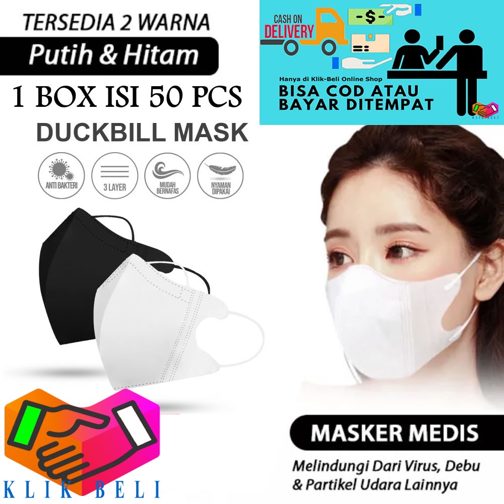 Masker Duckbill 3 Ply 1 Box Isi 50 Pcs Earloop Disposable Face Mask 3ply Warna Hitam / Putih