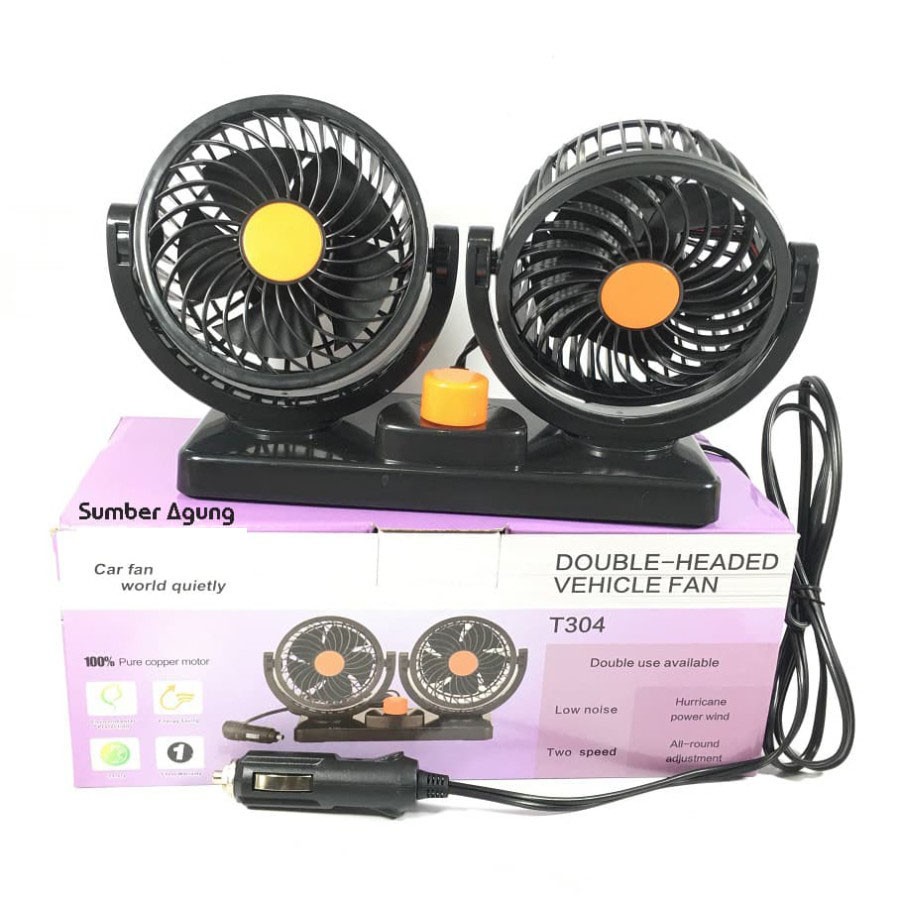 T304 Kipas DC Mobil Car Fan Dobel Cuble Headed Dengan Pengatur Kecepatan