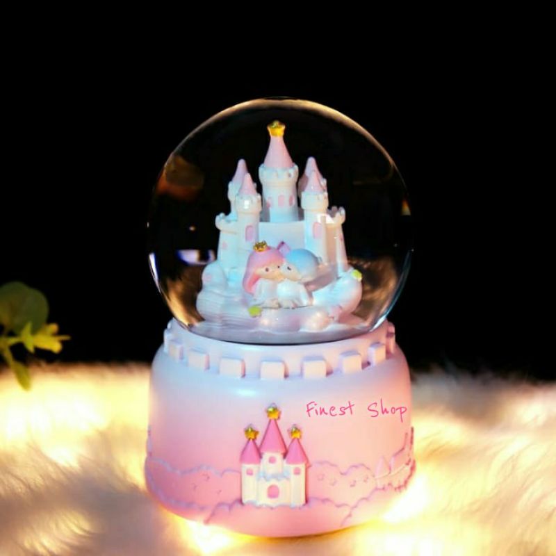 Snowball JUMBO Couple Princess Pink CASTLE Twins Kotak Musik Bola Salju Lampu Kaca Kristal Snow Globe Music Box Waterball Kado Ulang Tahun Hadiah Valentine Hiasan Unik Pasangan Anniversary Birthday Gift Souvenir Box Pajangan Miniatur Istana Meja Lemari