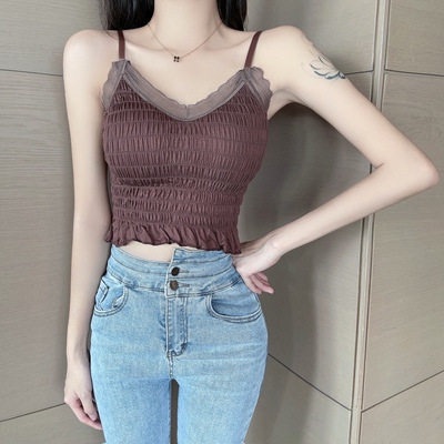 Retaily BRA518 Tanktop V-Neck Crop Renda Crinkle Dengan Busa Bra Tanpa Kawat Singlet Casual OOTD