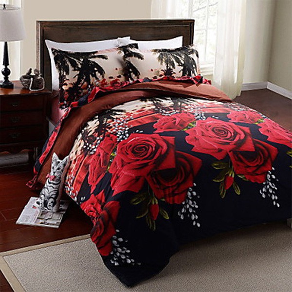 Lila 4Pcs / Set Sarung Bantal Bahan Polyester Fiber Warna Merah Mawar 3D Ukuran Queen King_