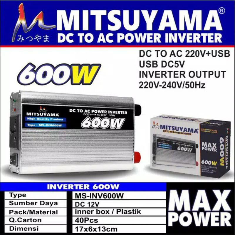 POWER INVERTER DC TO AC 600 WATT WITH USB 5 VOLT MITSUYAMA MS -INV600W