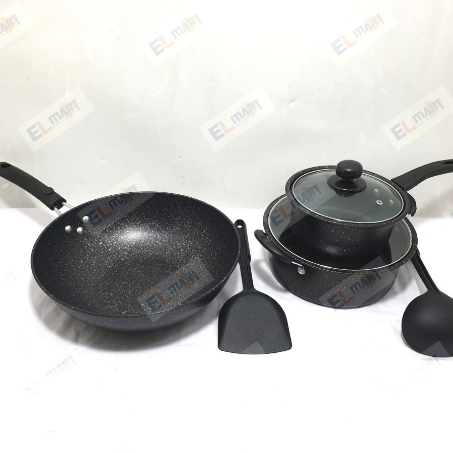 Marble Asta Marbello Cookware Set 7 Pc Anti Lengket Panci Wajan Set tutup kaca dan anti panas