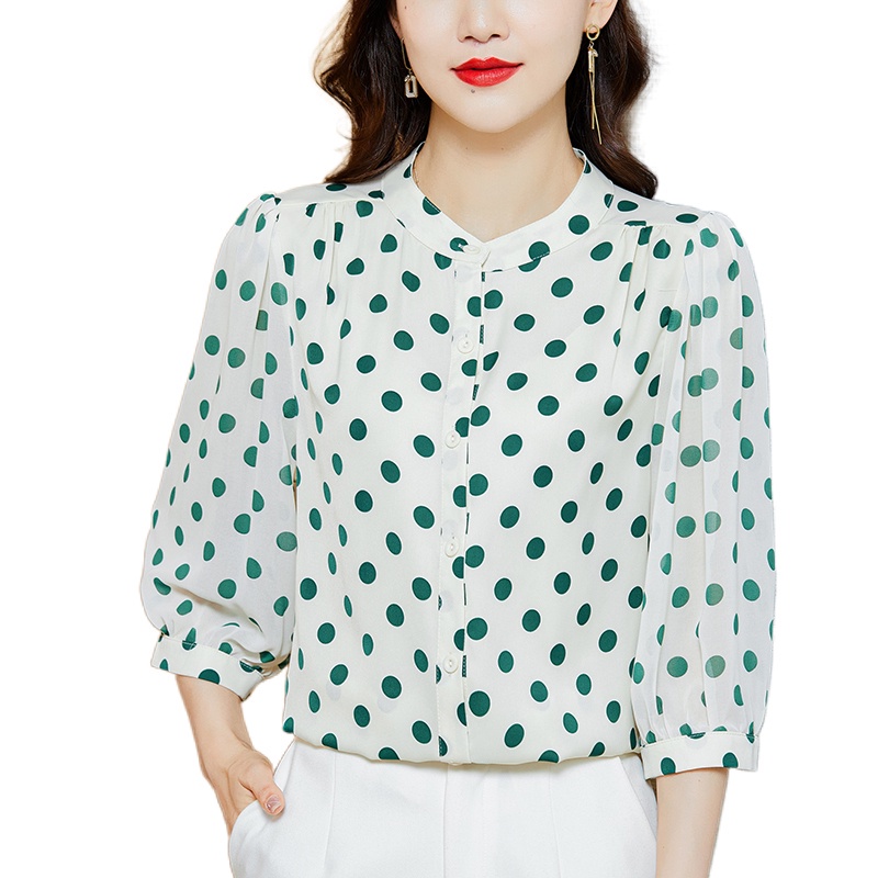 COD 2022 New Fashion Korean Style 3/4 Sleeve Blouse for Women Black White Polka Dots Summer Shirts Baju Kemeja Wanita Kekinian Putih Hitam 2023t