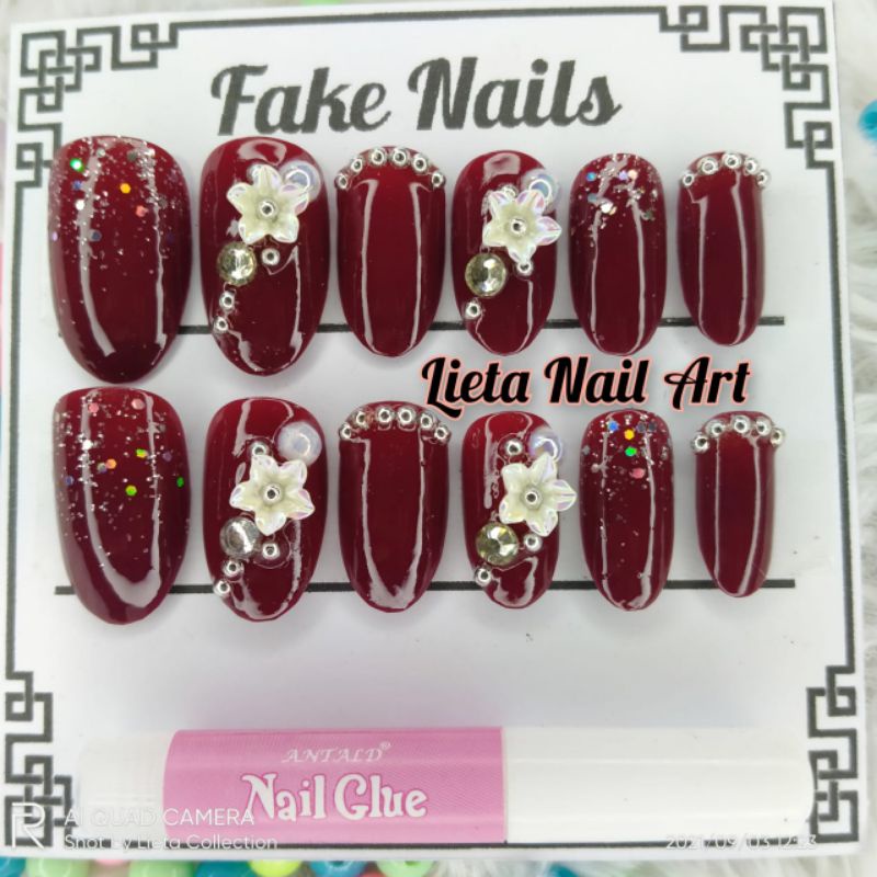 SET KUKU PALSU NAIL ART WEDDING MAROON