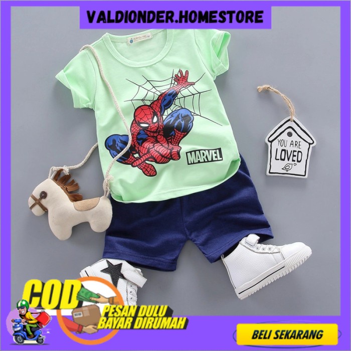 [valdionder.homestore] Baju bayi setelan anak laki laki umur 6 bulan-4 tahun motif Spiderman - Hijau