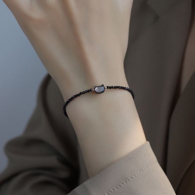 Gelang Tangan Rantai Adjustable Motif Kucing Hitam Putih Hias Kristalmutiara Untuk Wanita