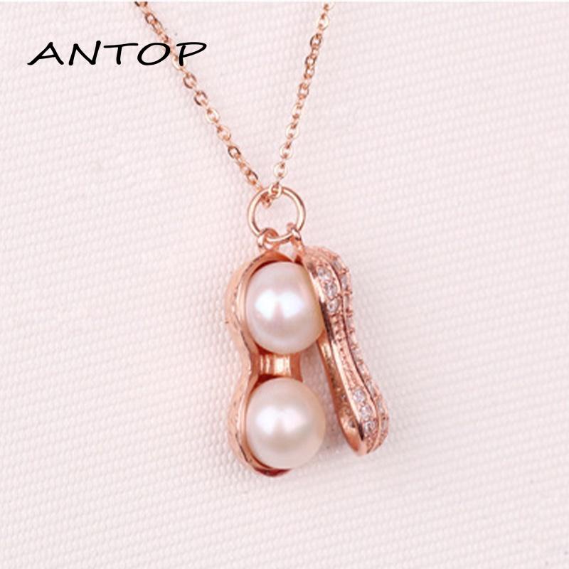 Kalung Rantai Dengan Liontin Kacang Lapis Silver / Rose Gold Aksen Mutiara Untuk Wanita