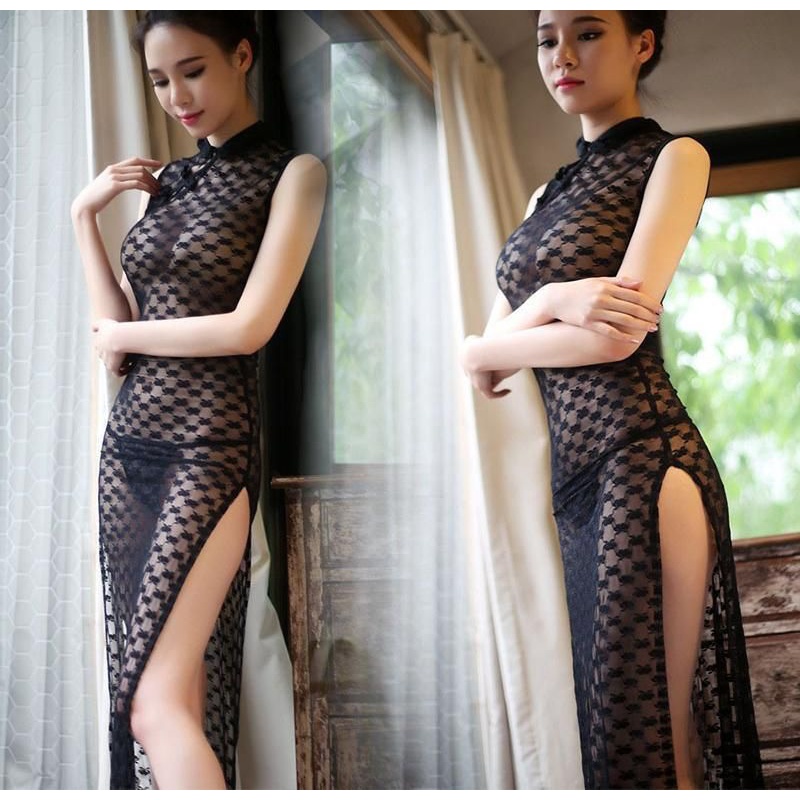 Cheongsam Qipao Sexy Dress Panjang Cosplay Lingerie Kostum Transparan Hitam