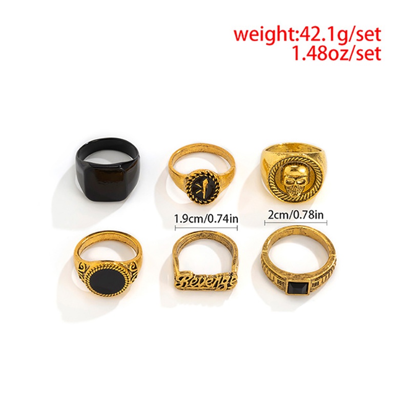 2022 6Pcs / Set Cincin Vintage Gothic Motif Potret Tengkorak Aksen Batu Hitam Untuk Perhiasan Pria / Wanita