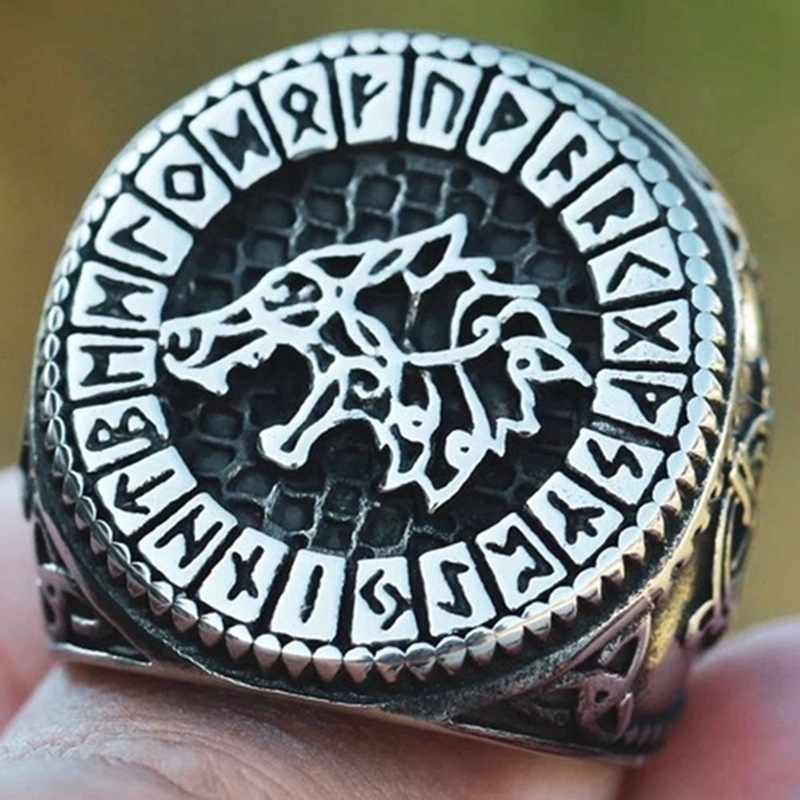 Perhiasan Cincin Bahan Alloy Model Viking Rune Wolf Rune Gaya Retro Untuk Pria