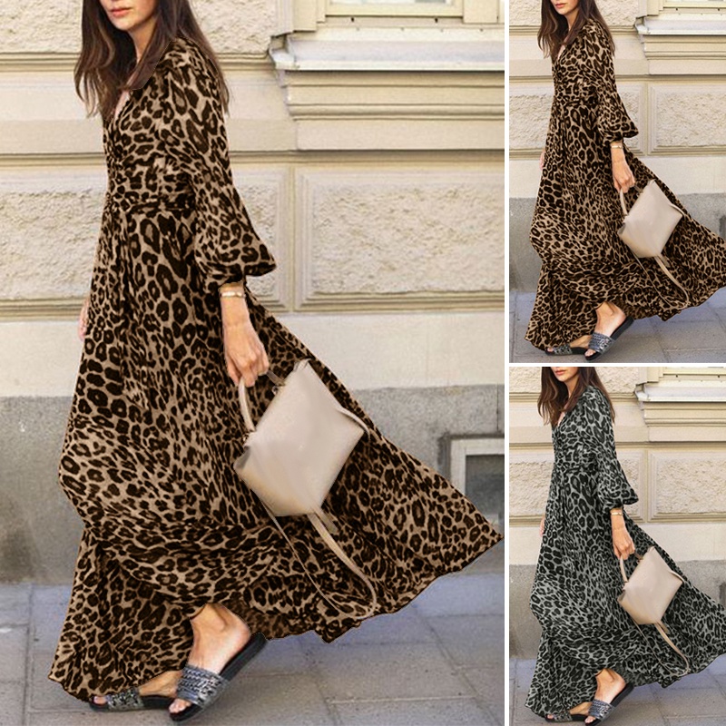 ZANZEA Women Leopard Print Relaxed Fit Loose Casual Maxi Dress