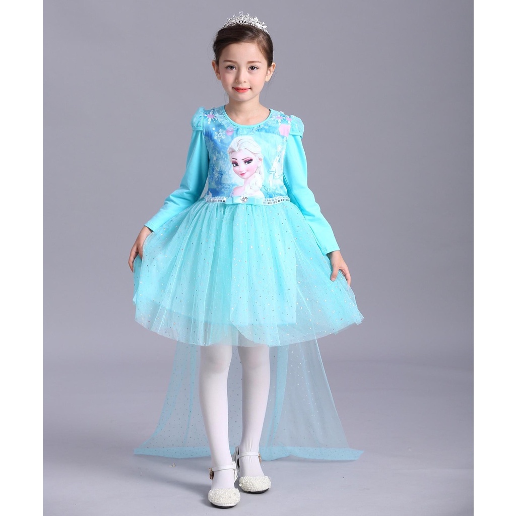 Dress Frozen Elsa Biru Rok Tutu Jubah Lengan Panjang Princess Kostum Import