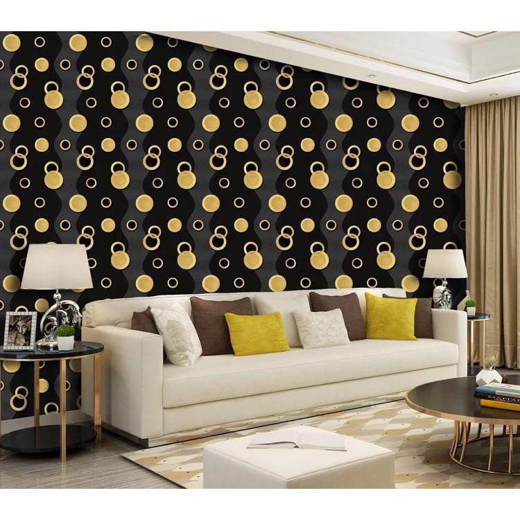 Wallpaper Dinding Murah Wallpaper Sticker Motif Bulat Gold Dasar Hitam Ukuran 45cm x 9-10m