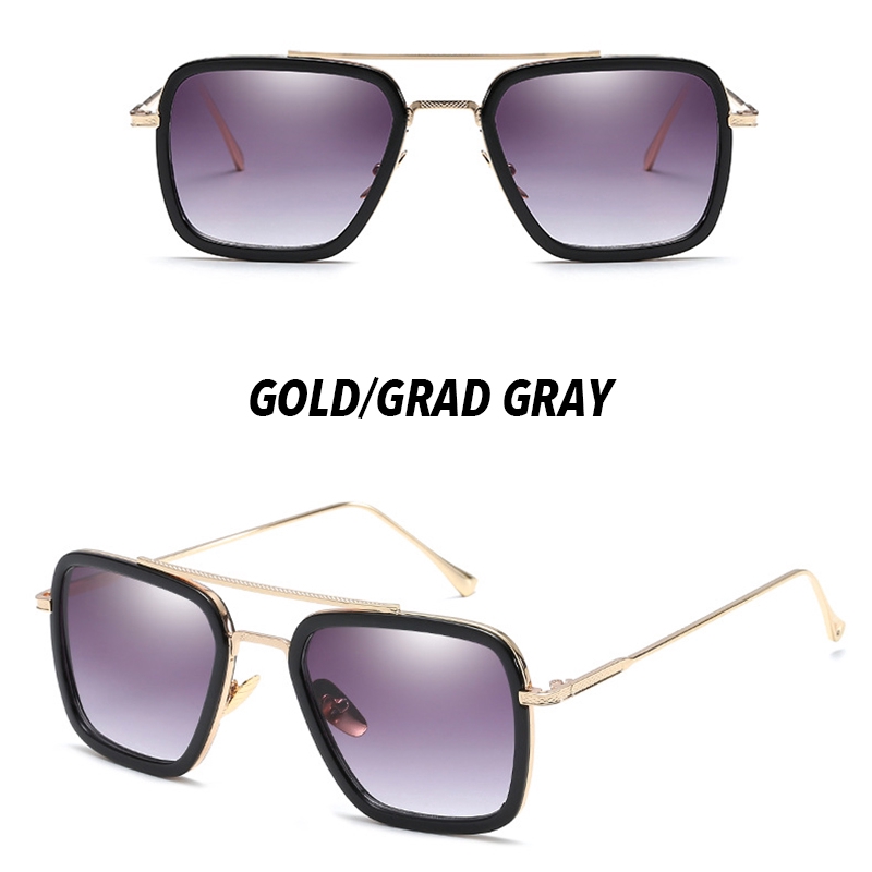 (YUZHU) Bayar di Tempat Iron Man Tony Square Kacamata Hitam Wanita/Pria Metal Sunglasses