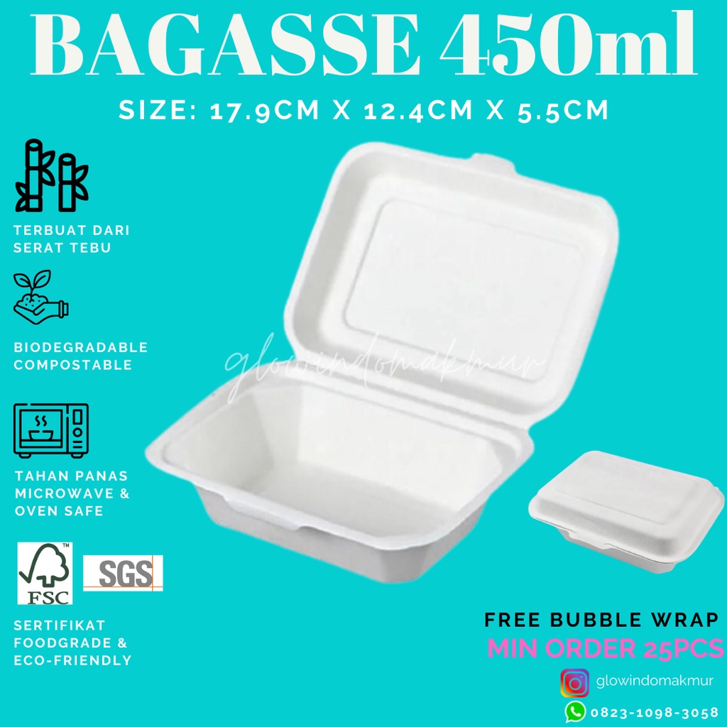 Bagasse Kotak 450ml Lunchbox Takeaway Sugarcane Serat Tebu ECO FRIENDLY