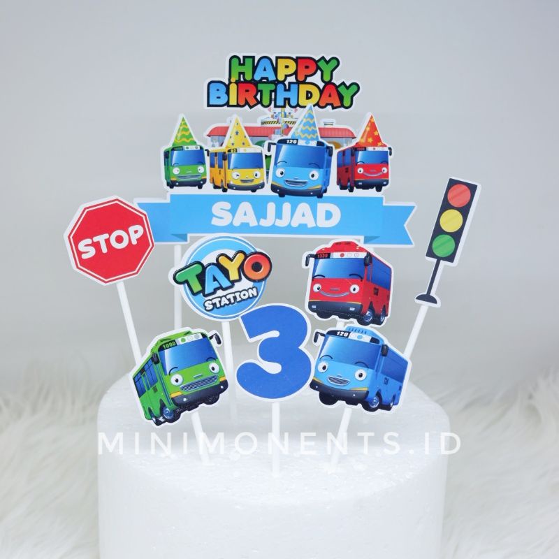 Cake Topper 3D Custom Nama Hai Tayo The Little Bus - Alat Dekorasi Kue Ulang Tahun - Satu Set Topper