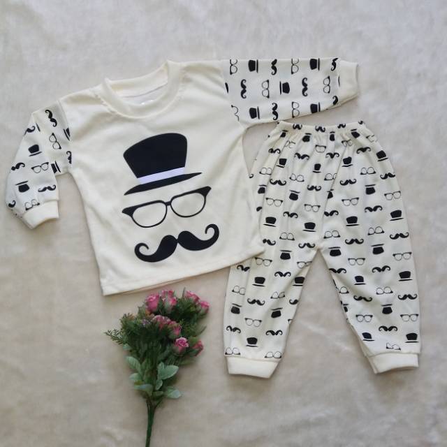 Ss#158 Piyama Baju Tidur Anak Size 3-12bulan Bahan Kaos / Setelan Baju Panjang Bayi Motif Kumis