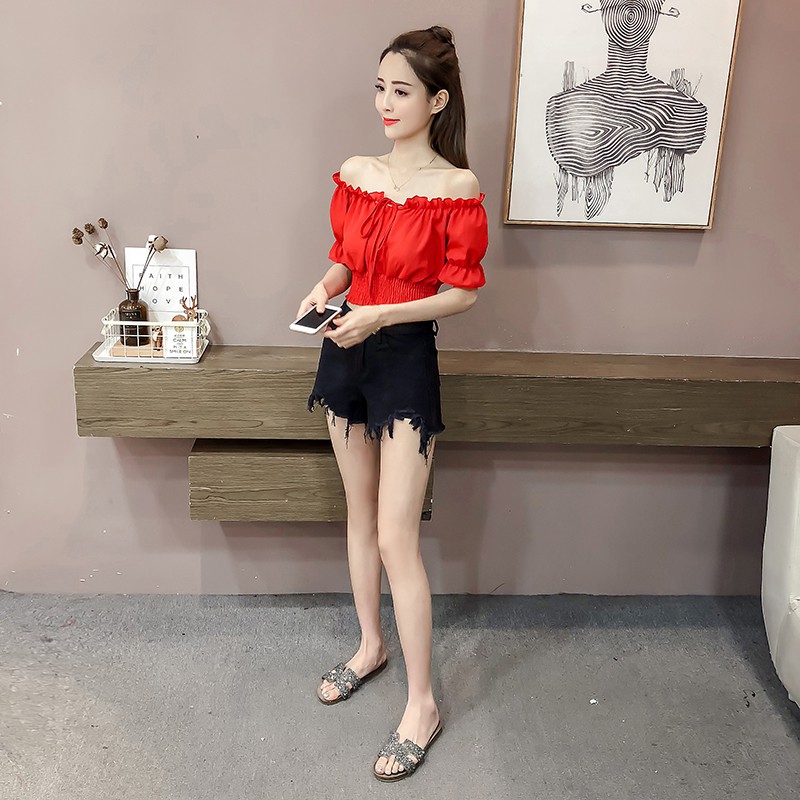Korean Sabrina Blouse Crop Top Atasan Sabrina Crop 831 (Size XS-XL)-5