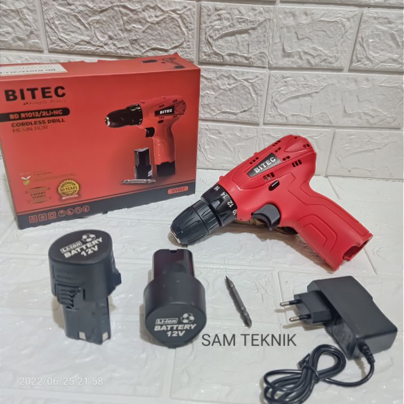 Bor Bitec 12 volt 10mm 2 baterai - Garansi 12 bulan