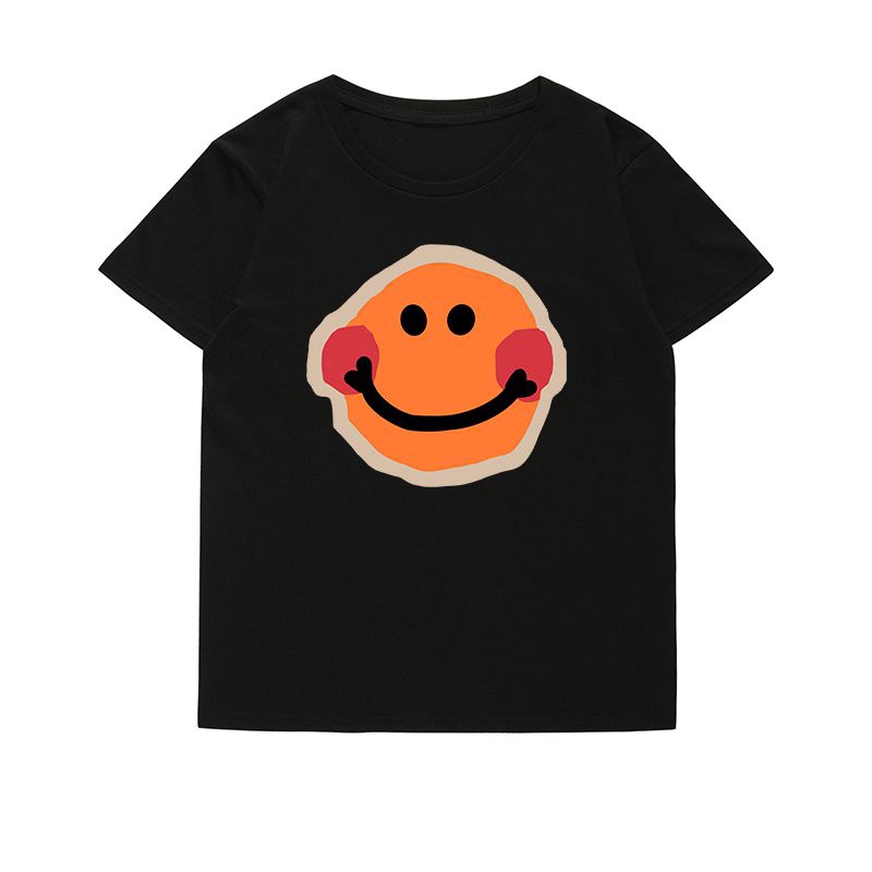 Smiley Graphic Tee Oversize Kaos Lengan Pendek Korean Style Baju Wanita Hitam Printed T-shirt