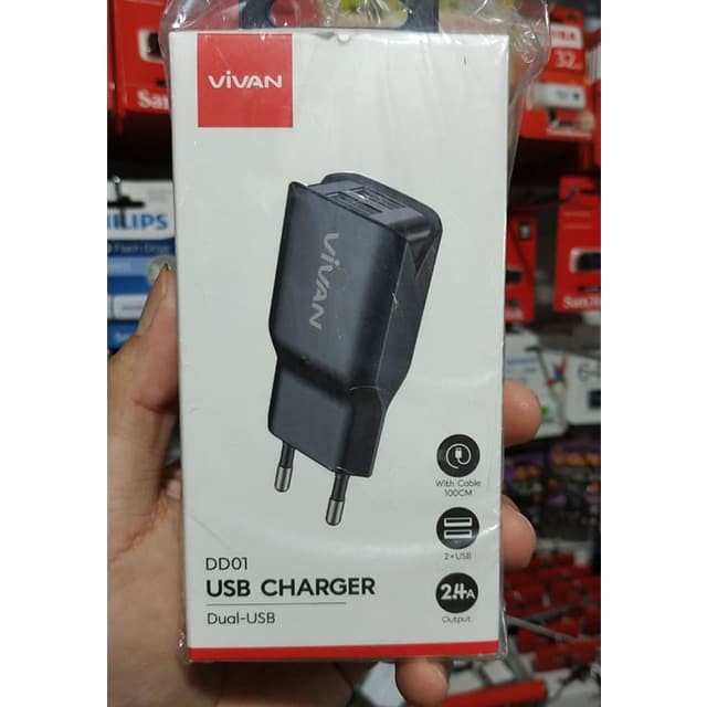 VIVAN DD01 Adaptor Charger Dual USB 2.4A + Micro USB Cable