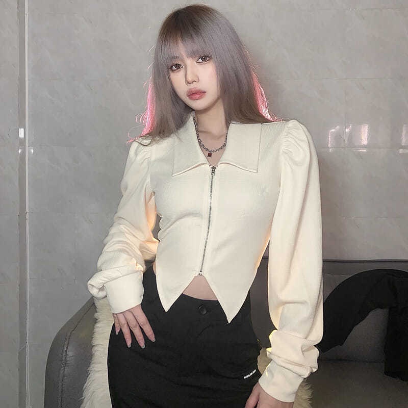 Retro Lapel Tidak Teratur Pas Lengan Panjang T-shirt Slim Fit Tiramisu Desain Besar Ritsleting Top W