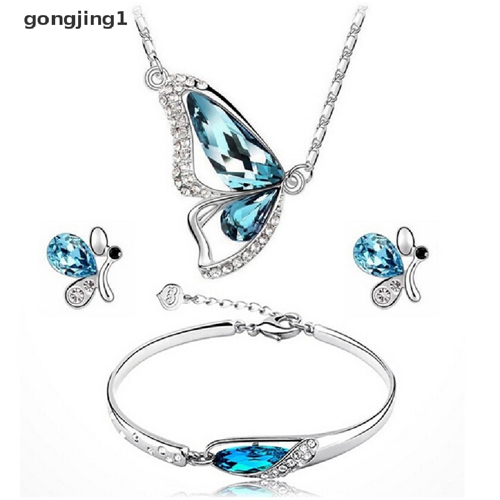 Set Perhiasan Kalung Anting Gelang Kristal Butterfly