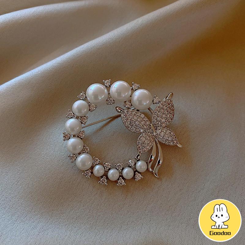 Candy Jewelry Fashion Korean Butterfly Brooches Gold Color Pearl Brooch Pins Rhinestone Breastpin for Women -Doo