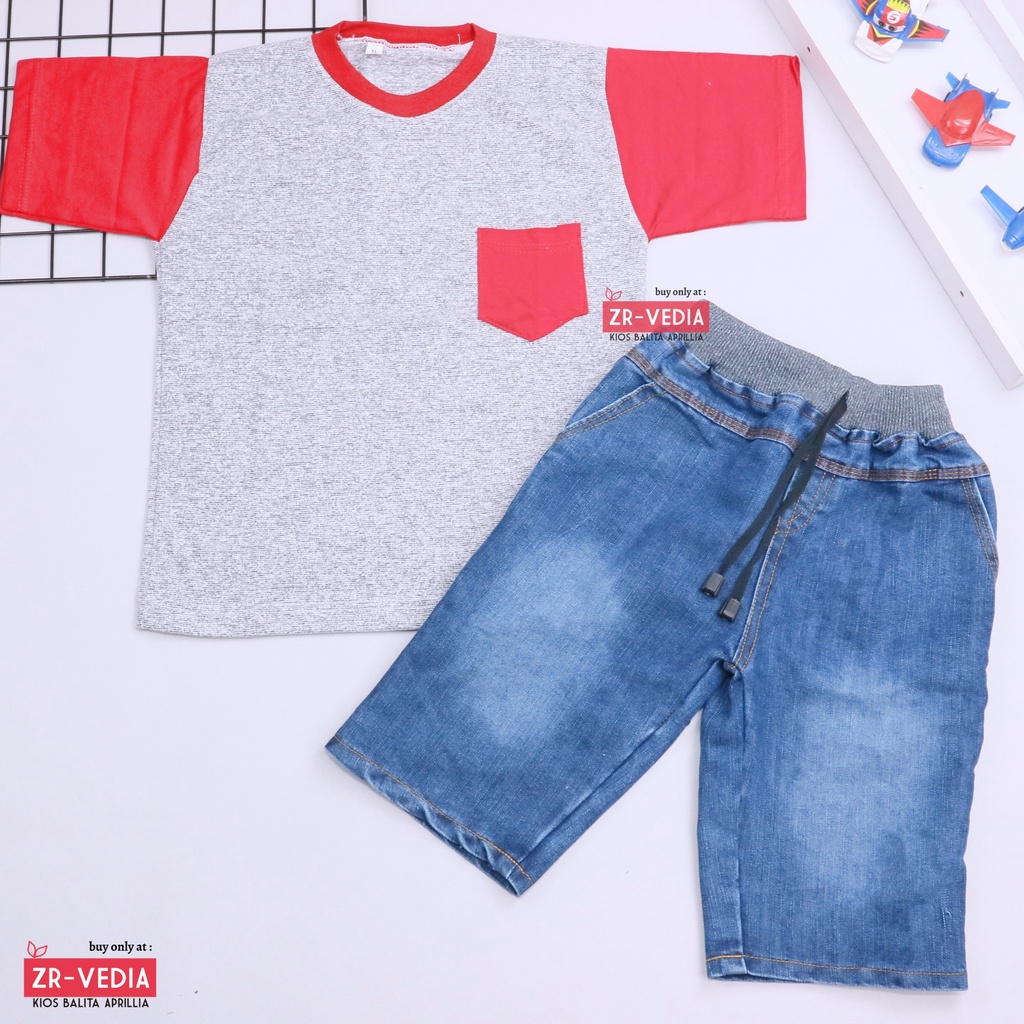 Setelan John Ethes uk 5-6 Tahun /  Set Lengan Pendek Anak Laki-Laki Celana Jeans Kantong Baju Oblong