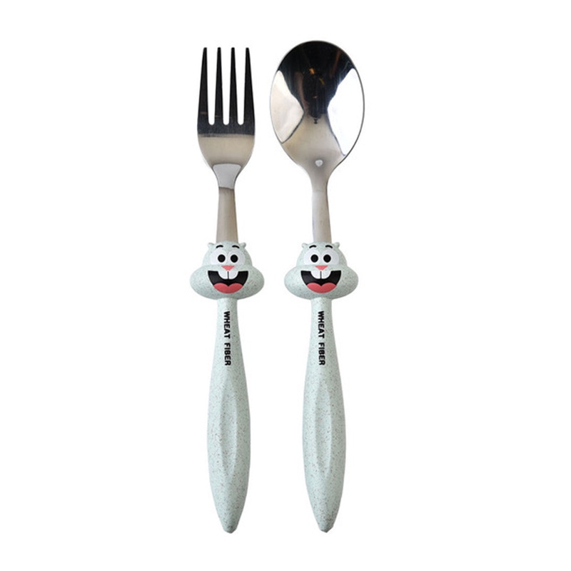 2pcs / Set Peralatan Makan Sendok Garpu Bahan Stainless Steel Motif Kartun Untuk Anak