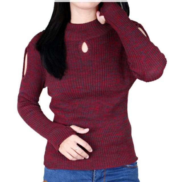 Sweater bahan rajut wanita- merah maroon wanita