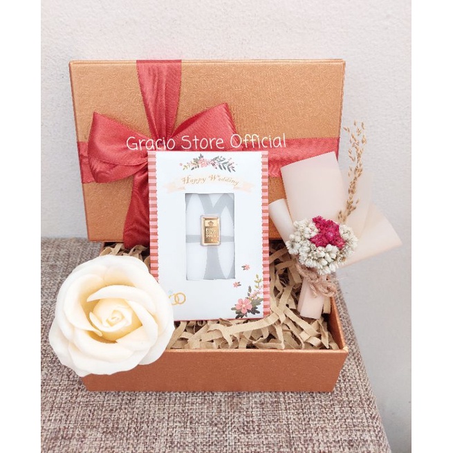 GIFT BOX SPESIAL WEDDING NUANSA ROSE GOLD HAMPERS LOGAM MULIA ANTAM 1 GR