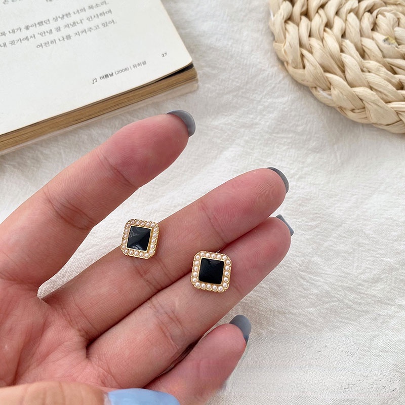 S925 Silver Black Square Pearl Earrings Women Girls Ear Studs Korean Fashion