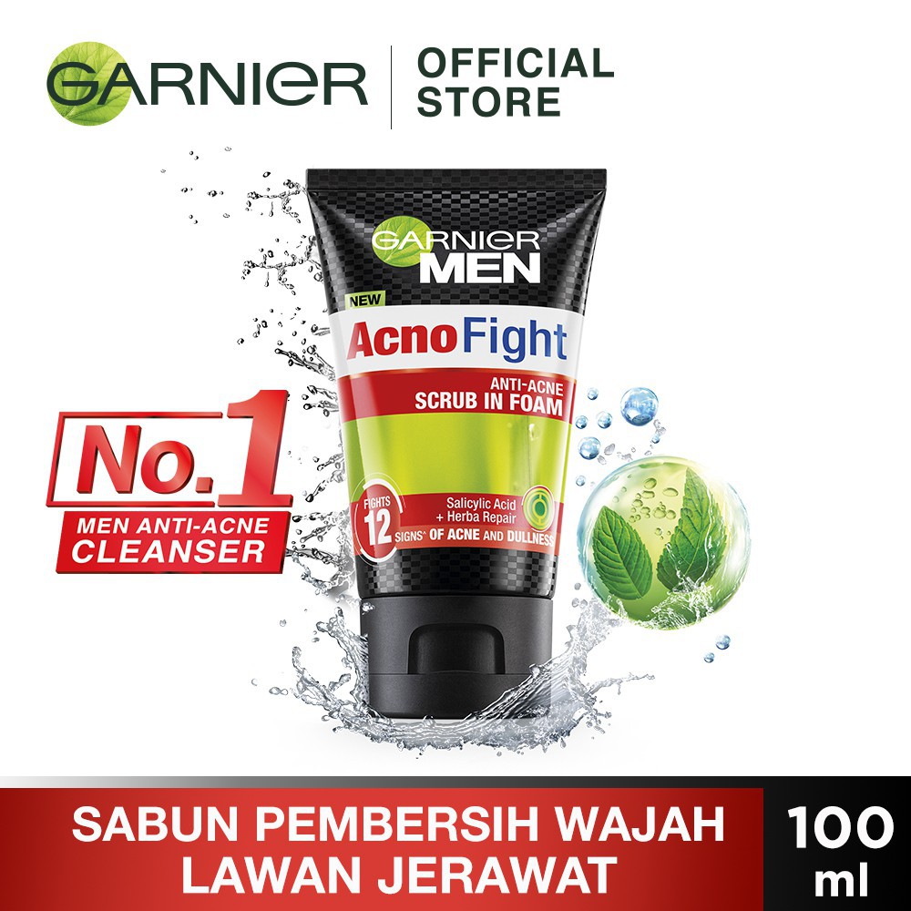 Garnier Men Acno Fight Anti Acne Scrub In Foam - 100 ml [ Perawatan Pria Untuk Wajah Berjerawat ]
