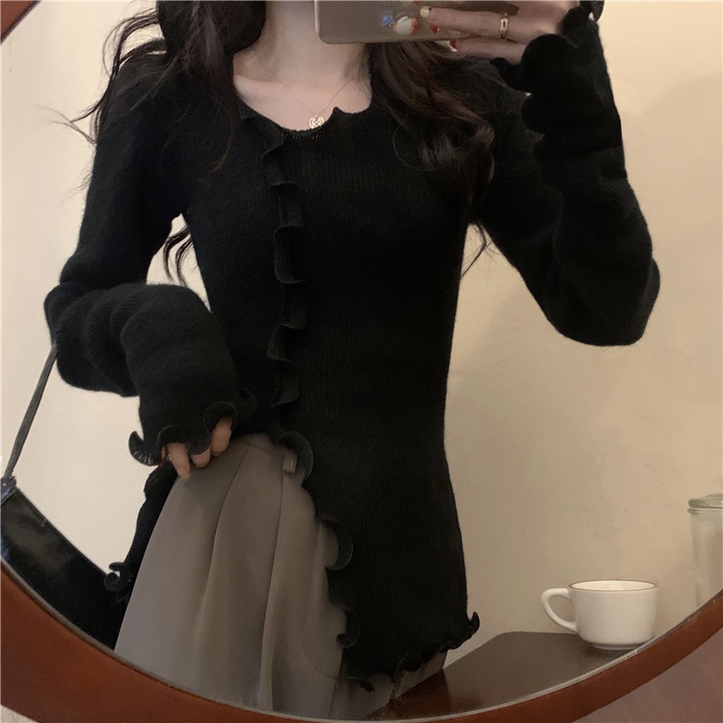 Knit Crop Top Korea Lengan Panjang Wanita Knitwear Atasan Wanita