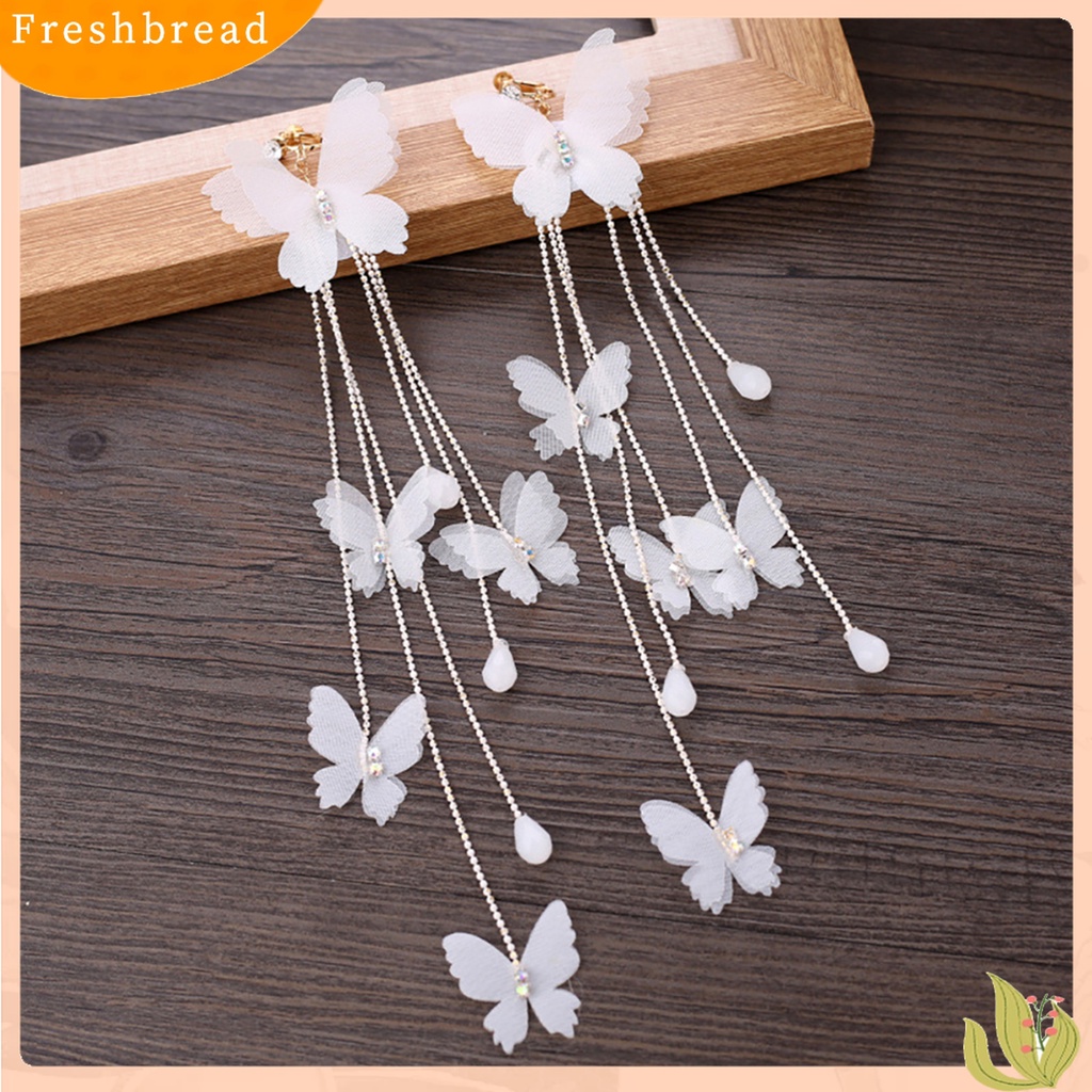 【Fresh】❀Women Bridal Cloth Butterfly Long Tassel Wedding Dangle Clip on/Hook Earrings