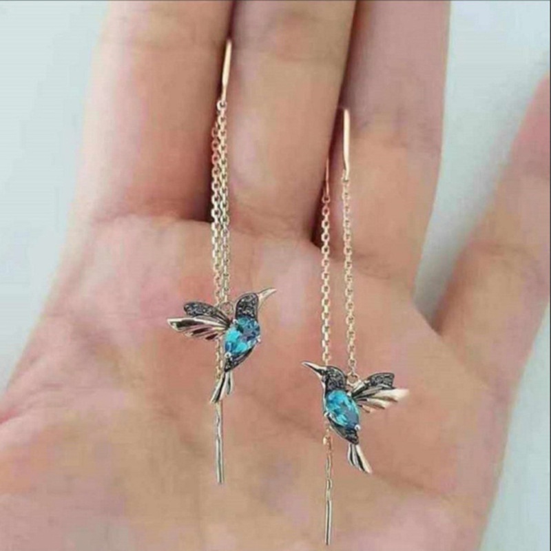 Siy Anting Gantung Panjang Tusuk Motif Burung Terbang Aksen Kristal + Rumbai Untuk Perhiasan Wanita