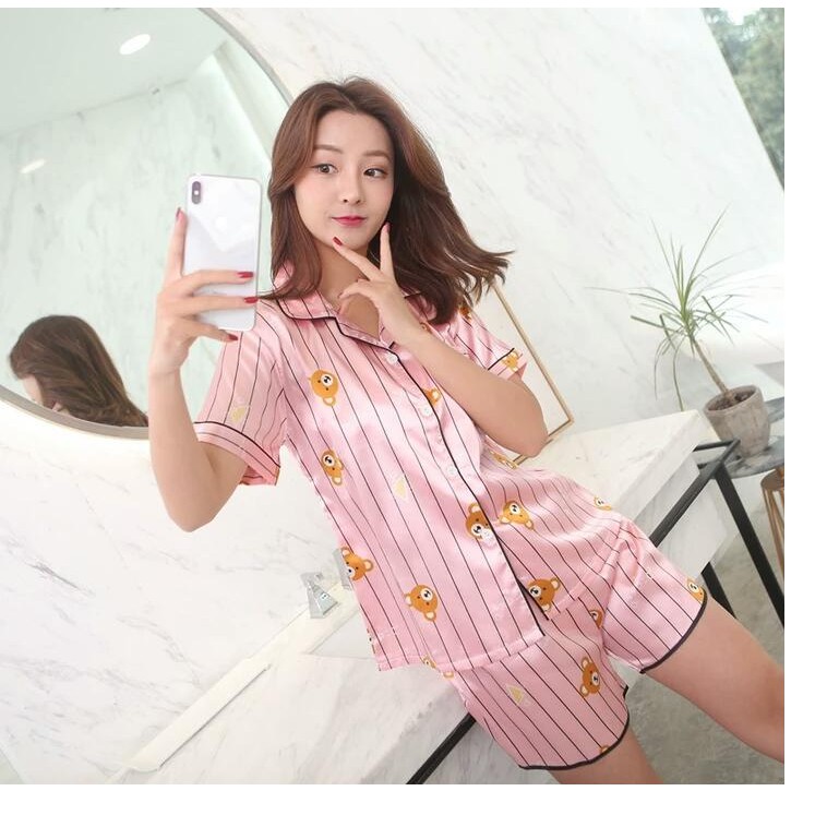  Baju  Tidur  Setelan Satin  Piyama Import Lengan  Pendek  91 