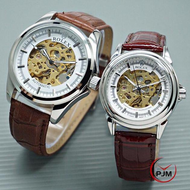 BEST SMART WATCH Jam Tangan Couple Rolex Automatic Premium Tali Kulit - Coklat Silver ORIGINAL BM