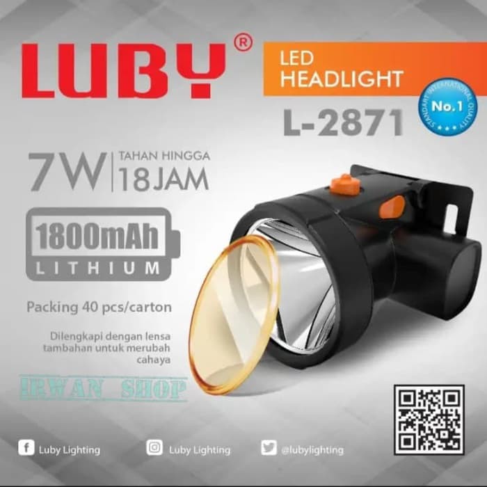 SENTER KEPALA LUBY 7W L-2871 NYALA  PUTIH KUNING CAS HEAD LAMP 18JAM BATERAI LITHIUM BELOR BERBURU