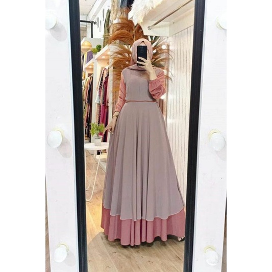Raissa gamis terbaru | dress wanita terbaru 2021 kekinian remaja mewah | dress premium kombinasi 2 warna polos simpe elegan l cerutty babydoll mix diamond | baju gamis malaysia trand | fashion wanita terbaru | baju kondangan-Cream peach