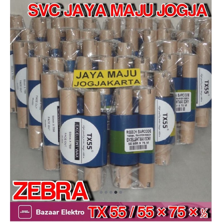 [ ZEBRA ]  TX55  55 MM  X  75 M  SONY  EXCELLENCE WAX - FACE OUT  ||  CORE ½" - DOUBLE CORE COAK  ||
