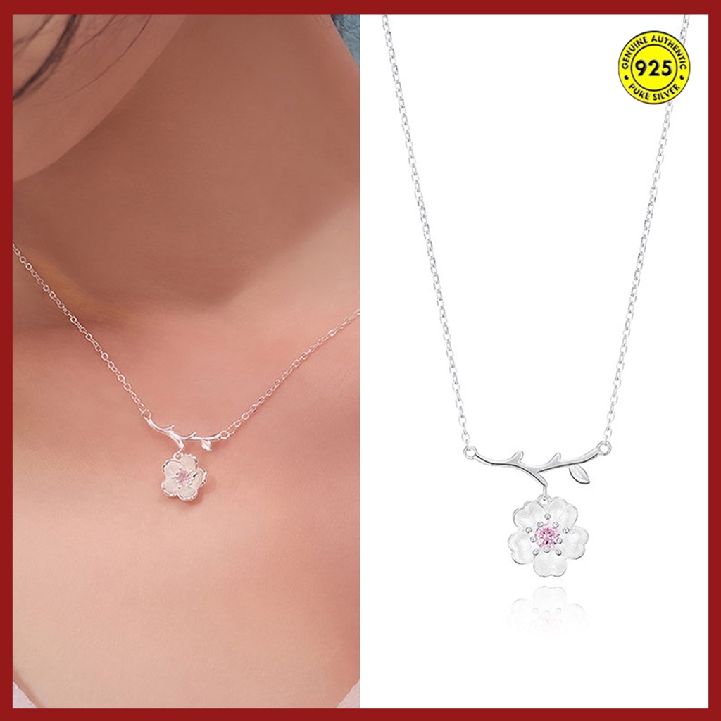 Kalung Rantai Sterling Silver 925 Dengan Liontin Bunga Sakura Untuk Wanita